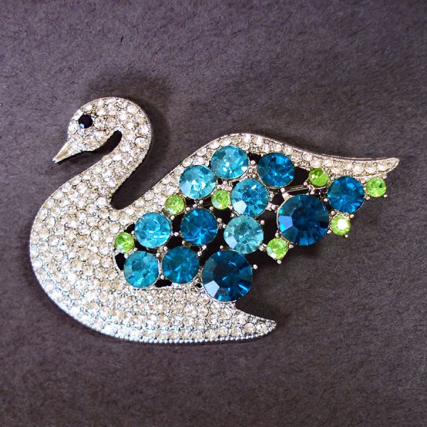 Blue and Green Rhinestone Swan Brooch Pin #3