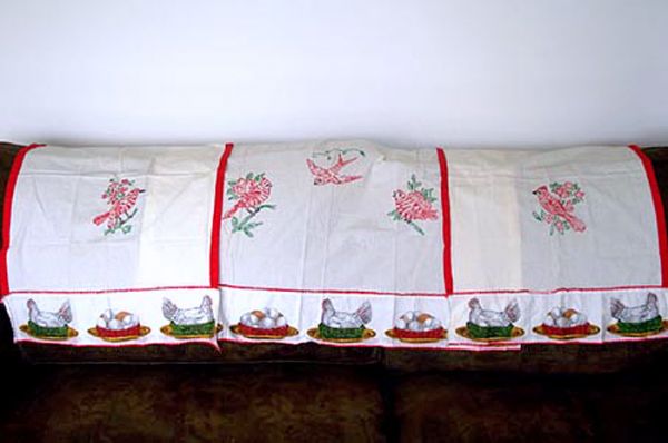 Hand Embroidered Red Birds Kitchen Curtains, 3 Panels #2