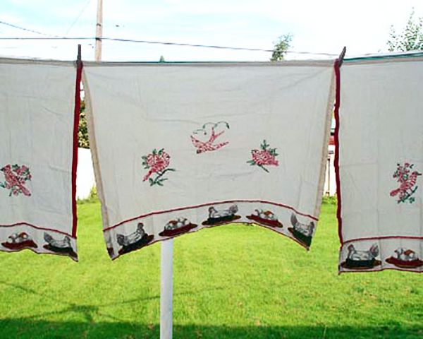 Hand Embroidered Red Birds Kitchen Curtains, 3 Panels #3