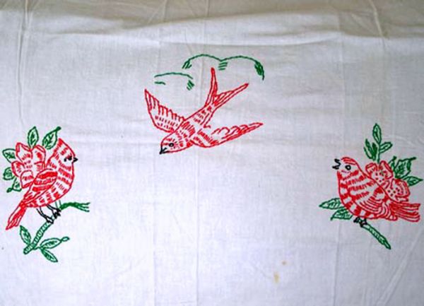 Hand Embroidered Red Birds Kitchen Curtains, 3 Panels #4
