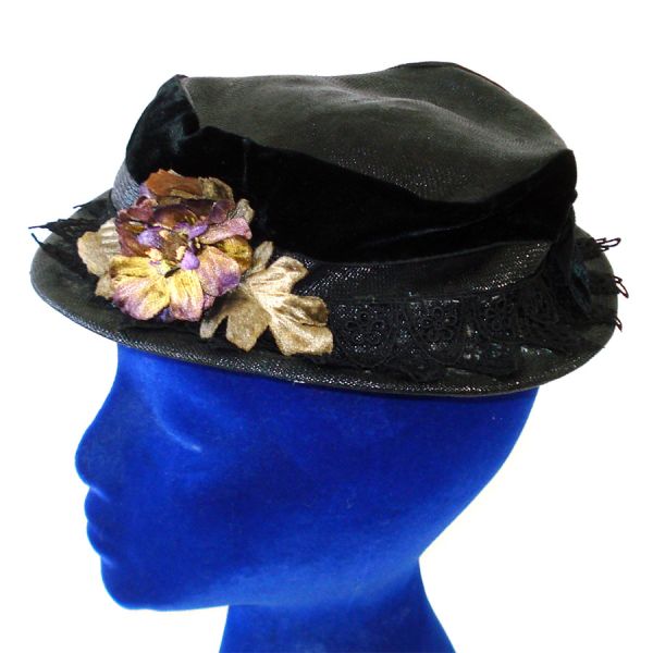Norman Durand Narrow Brim Black Straw Velvet Flowered Hat