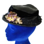 Norman Durand Narrow Brim Black Straw Velvet Flowered Hat
