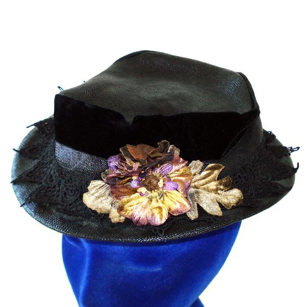 Norman Durand Narrow Brim Black Straw Velvet Flowered Hat #2