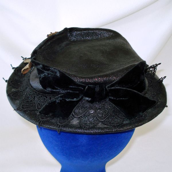 Norman Durand Narrow Brim Black Straw Velvet Flowered Hat #3