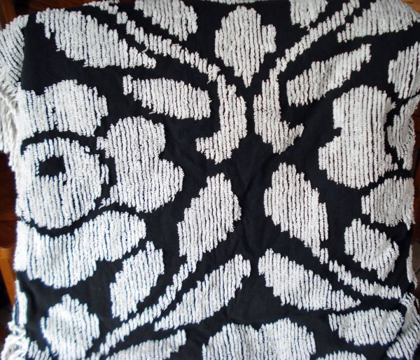 Chenille 1960s Queen Bedspread White on Black Flowers #4