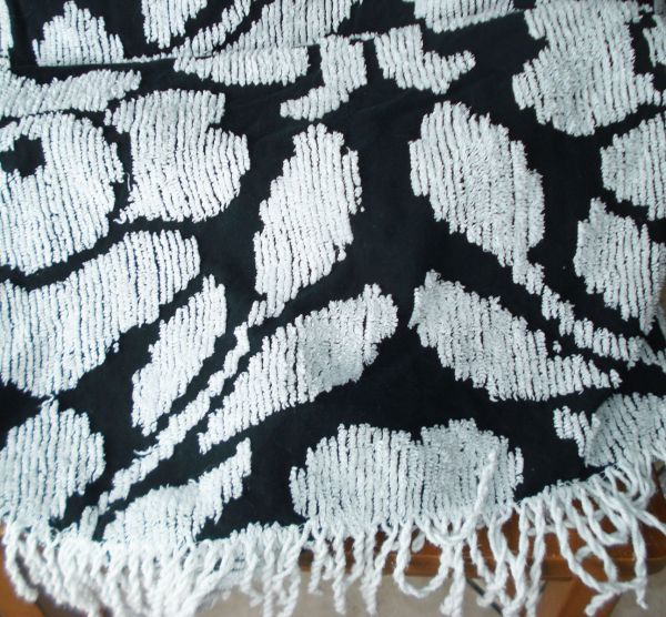 Chenille 1960s Queen Bedspread White on Black Flowers #3