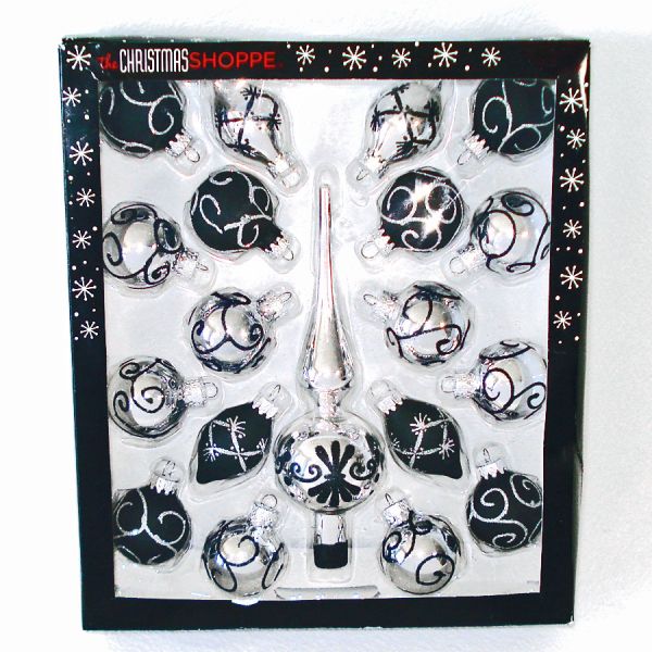 Box Black Silver Glass Christmas Or Halloween Tree Ornaments With Spire Topper