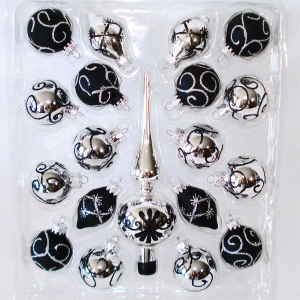 Box Black Silver Glass Christmas Or Halloween Tree Ornaments With Spire Topper #2