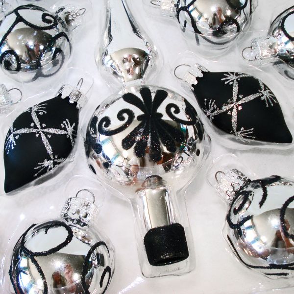 Box Black Silver Glass Christmas Or Halloween Tree Ornaments With Spire Topper #3