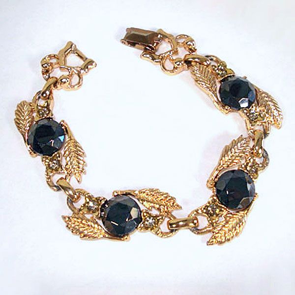 Black Glass Stones in Linked Leaf Setting Demi Parure Necklace and Bracelet #2