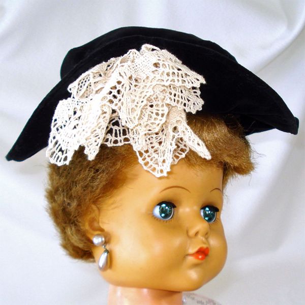 Black Velour Floppy Brim Doll Hat With Lace Cascade #2