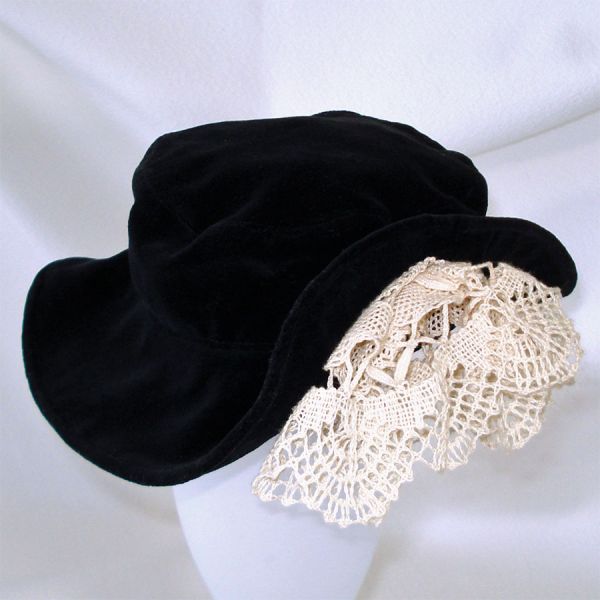 Black Velour Floppy Brim Doll Hat With Lace Cascade #3