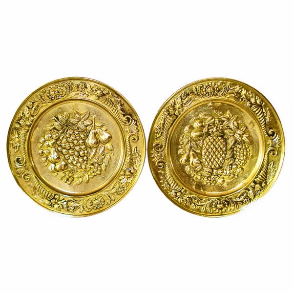 English Pair Embossed Brass Fruit Wall Plates