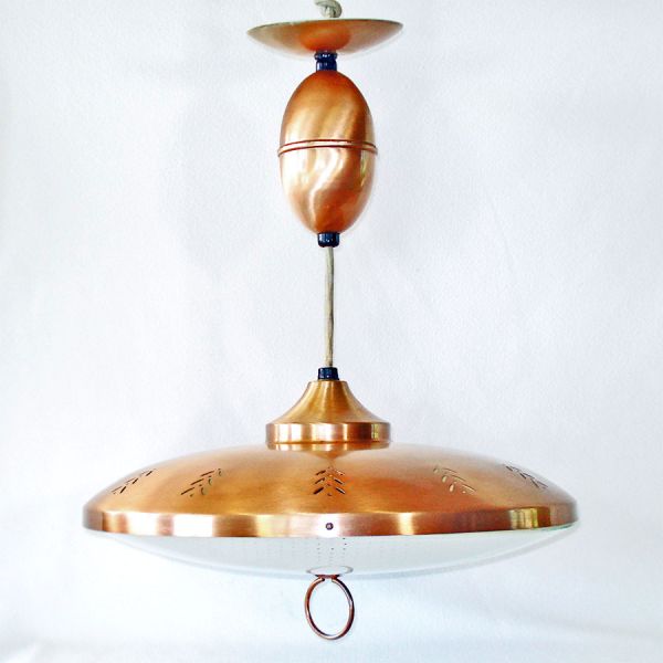 Eames Era Copper and Glass Flying Saucer Ceiling Light Fixture Lamp