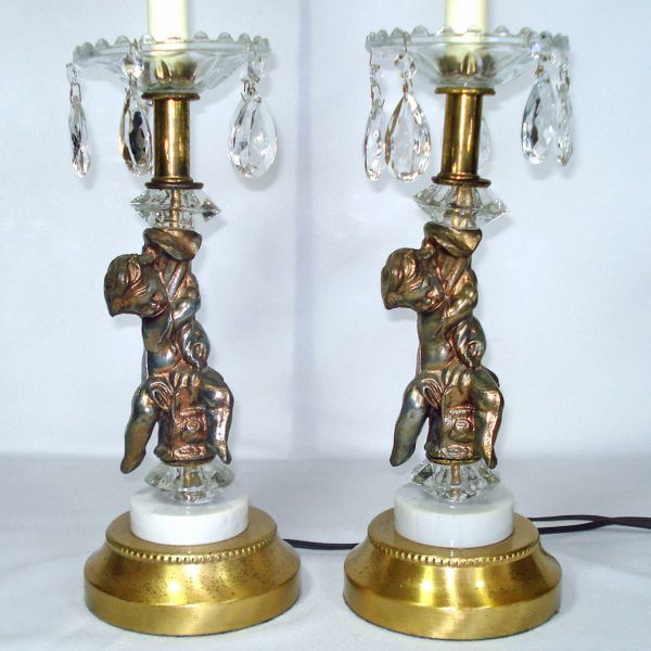 Pair Hollywood Regency Cherub Prisms Table Lamps #3