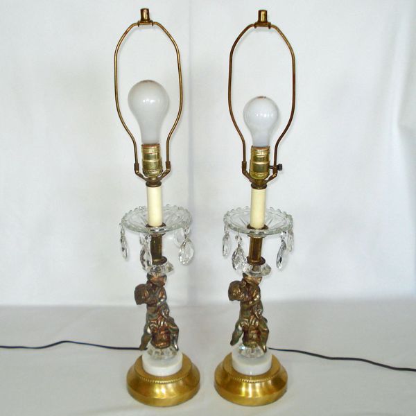 Pair Hollywood Regency Cherub Prisms Table Lamps