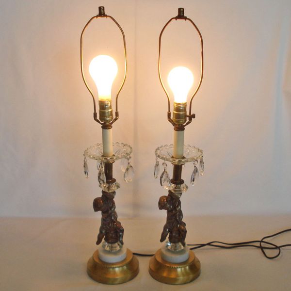 Pair Hollywood Regency Cherub Prisms Table Lamps #6