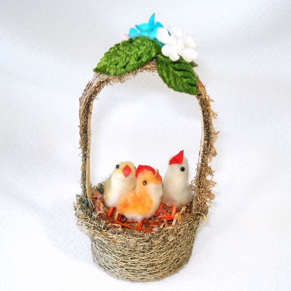 Spun Cotton Chicks in Grassy Basket For Easter, Spring