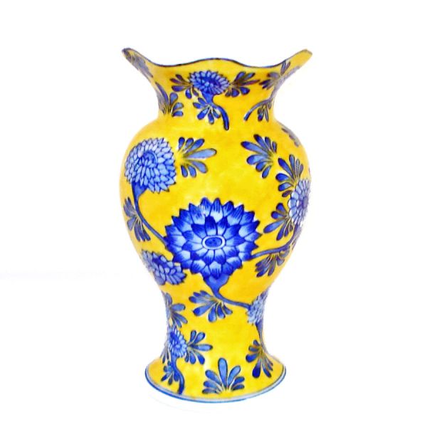 Yellow and Blue Chrysanthemums Chinese Scalloped Rim Trumpet Vase