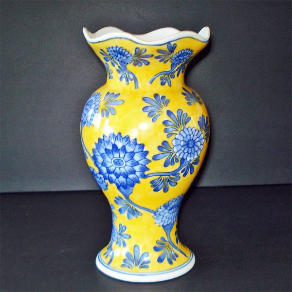 Yellow and Blue Chrysanthemums Chinese Scalloped Rim Trumpet Vase #2