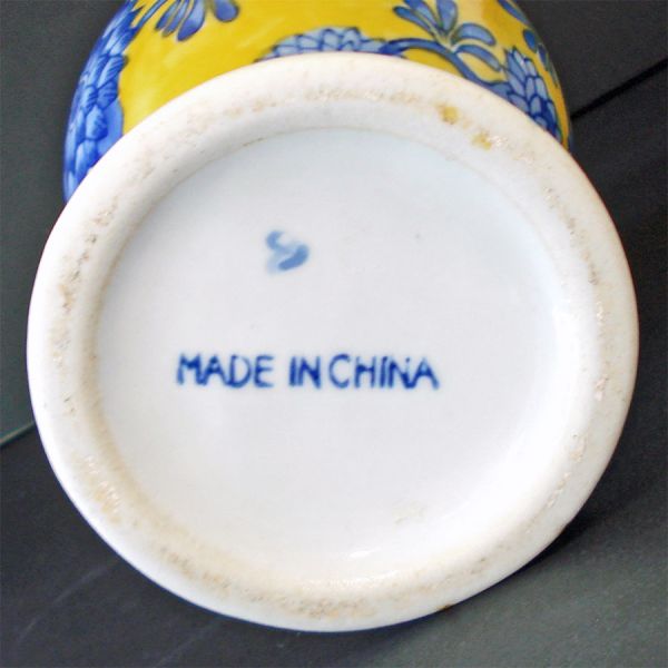Yellow and Blue Chrysanthemums Chinese Scalloped Rim Trumpet Vase #3