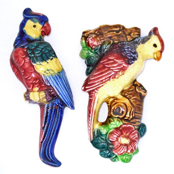 Pair 1920s Majolica Style Parrot Tropical Birds Wall Pockets