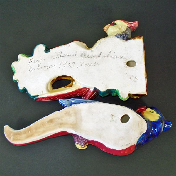 Pair 1920s Majolica Style Parrot Tropical Birds Wall Pockets #2