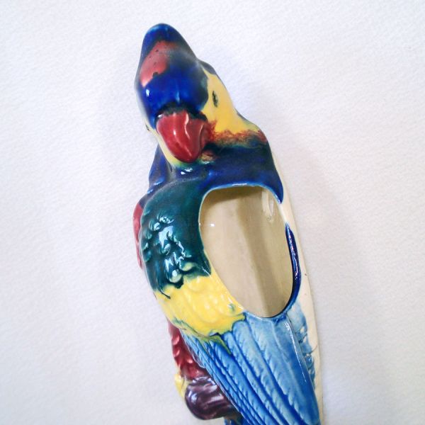 Pair 1920s Majolica Style Parrot Tropical Birds Wall Pockets #3
