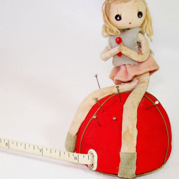 Mid Century Cloth Doll Pin Cushion With Tape Measure #4