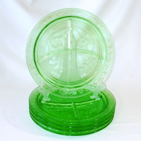 Hazel Atlas Green Cloverleaf Depression Glass Grill Plates Set of 5 Mint