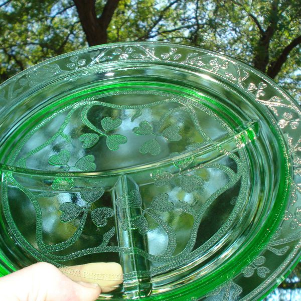 Hazel Atlas Green Cloverleaf Depression Glass Grill Plates Set of 5 Mint #3