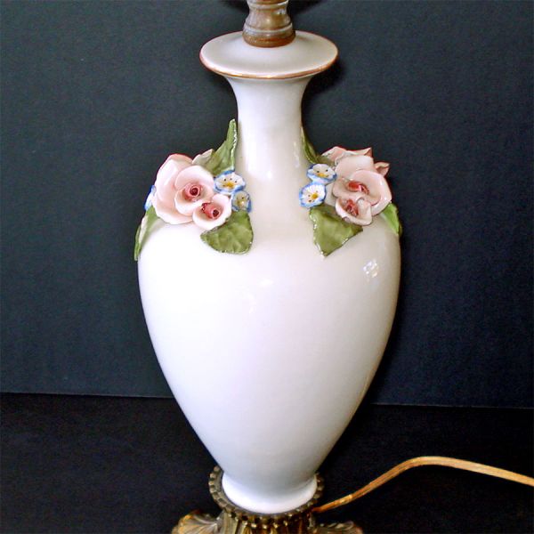 Cordey 1940s Applied Roses Porcelain Table Lamp