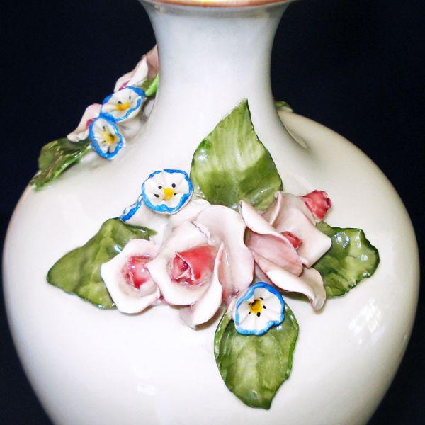 Cordey 1940s Applied Roses Porcelain Table Lamp #3