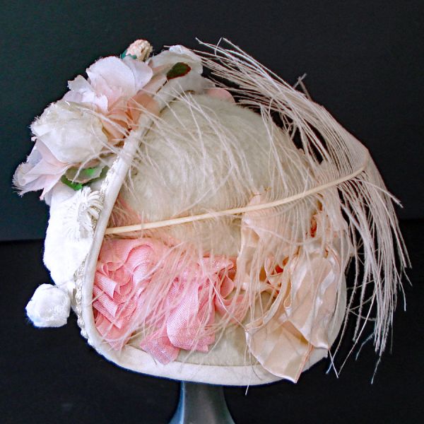 Vintage Fancy Doll Hat Flowers Ribbons Ostrich Feather Pink Cream #2