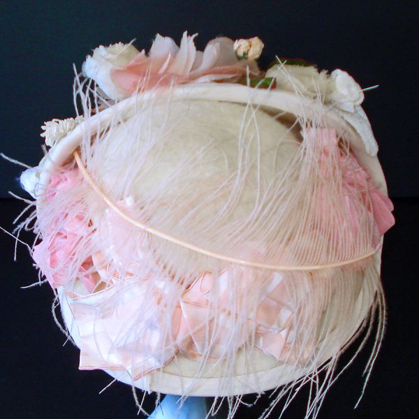 Vintage Fancy Doll Hat Flowers Ribbons Ostrich Feather Pink Cream #3