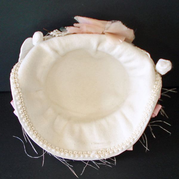 Vintage Fancy Doll Hat Flowers Ribbons Ostrich Feather Pink Cream #4