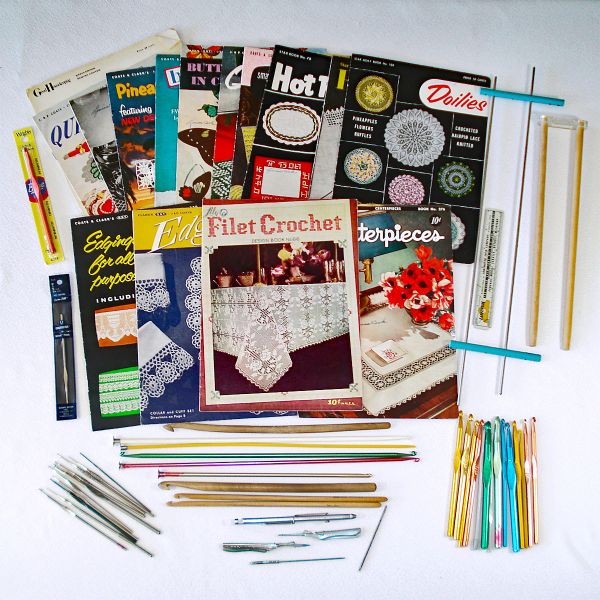 Estate Crochet Supplies Lot 55 Pieces Patterns, Hooks, More