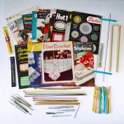 Estate Crochet Supplies Lot 55 Pieces Patterns, Hooks, More