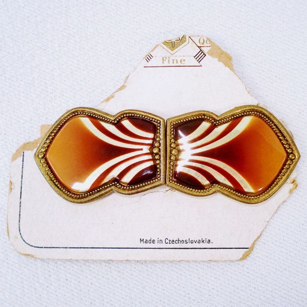 Art Deco Enameled Czech Belt Buckle Amber Gold Coloring