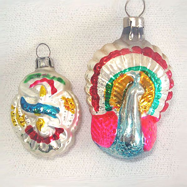 Czech Eagle Shield and Peacock Glass Christmas Ornaments