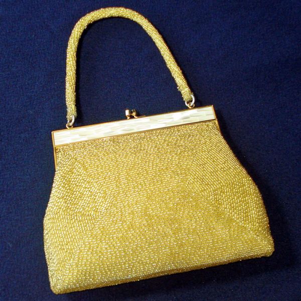 DeLill Gold Beaded Handbag Purse Mother of Pearl Frame #2