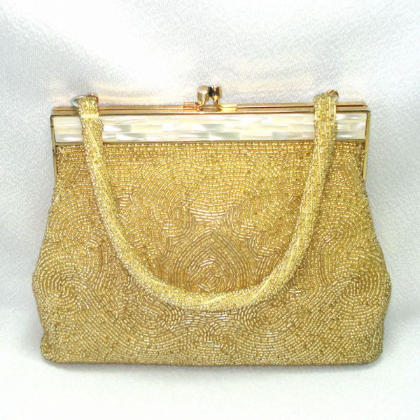 DeLill Gold Beaded Handbag Purse Mother of Pearl Frame #3