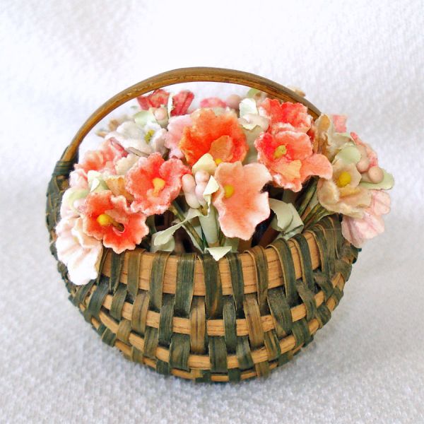 Sweet Woven Doll Basket Filled With Flocked Paper Flowers