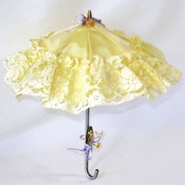 Doll Parasol Yellow Satin and Lace 9 Inches Long