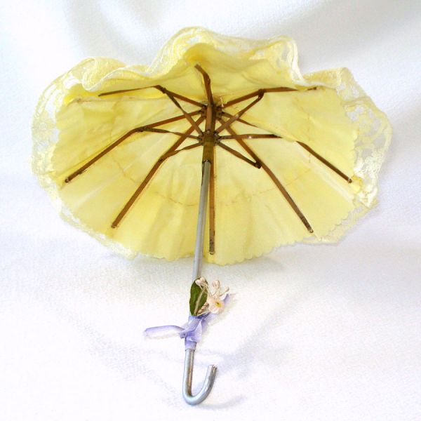 Doll Parasol Yellow Satin and Lace 9 Inches Long #4