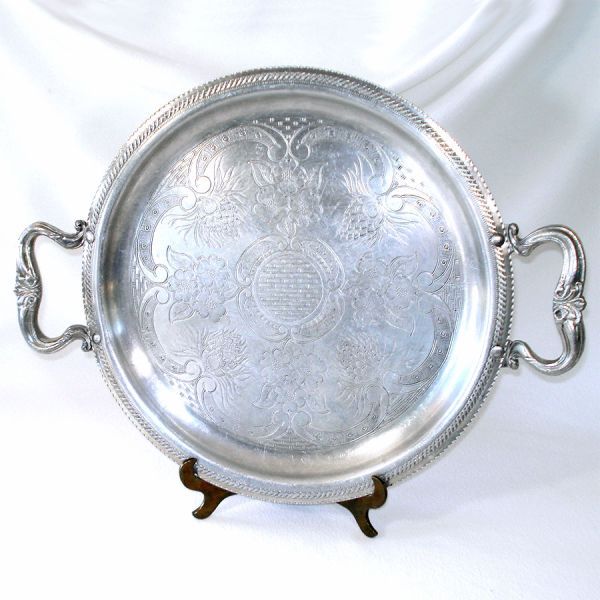 Hand Wrought Aluminum Tray Intaglio Dogwood and Thistle Decoration