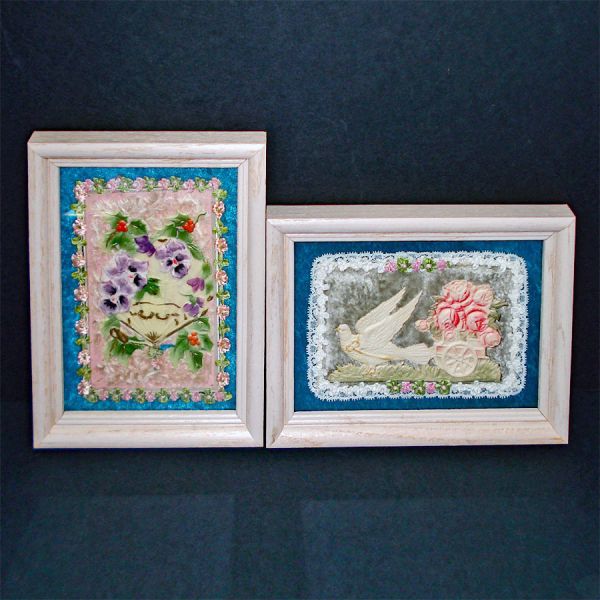 Romantic Pair Bas-Relief Ribbon Work and Victorian Paper Framed Pictures
