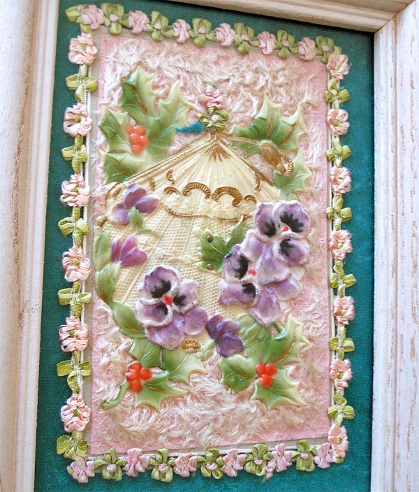Romantic Pair Bas-Relief Ribbon Work and Victorian Paper Framed Pictures #3