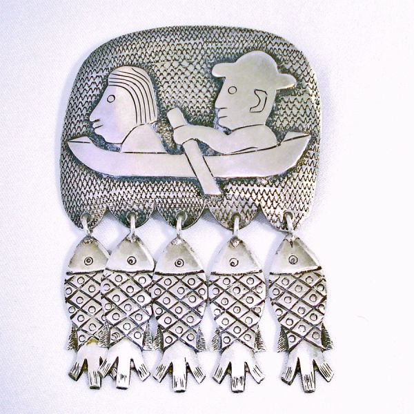 Hand Wrought Mexican Fishermen Dangling Fish Brooch Pin Book Piece