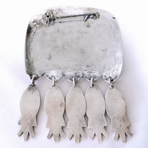 Hand Wrought Mexican Fishermen Dangling Fish Brooch Pin Book Piece #2